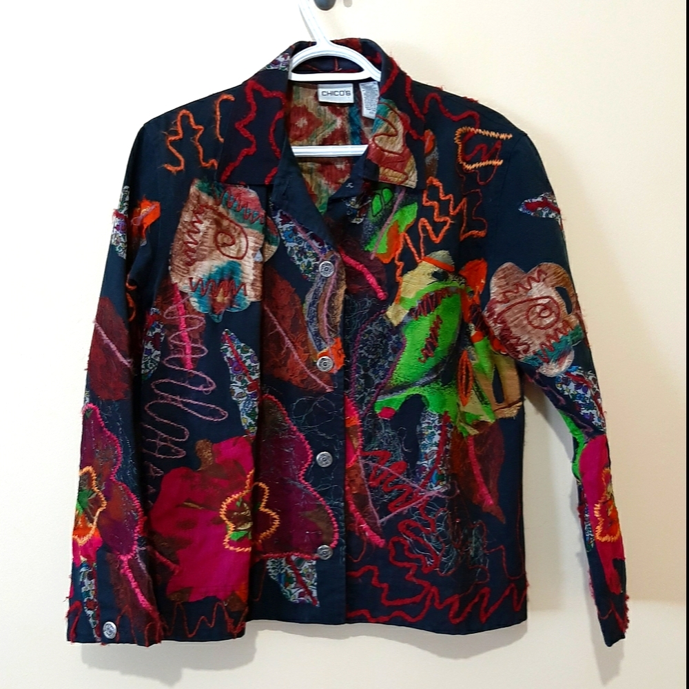 Chico's Embroidered Denim Button Up Jacket
